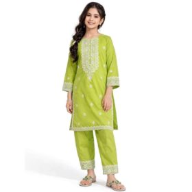 Noor-e-Saba Classic Embroidery Cotton Kurta & Trouser – Mahndi Green