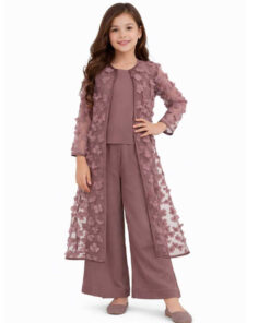 3d Flowers Net Top with Flared Pants & Shrug Set – Tea Pink (1)