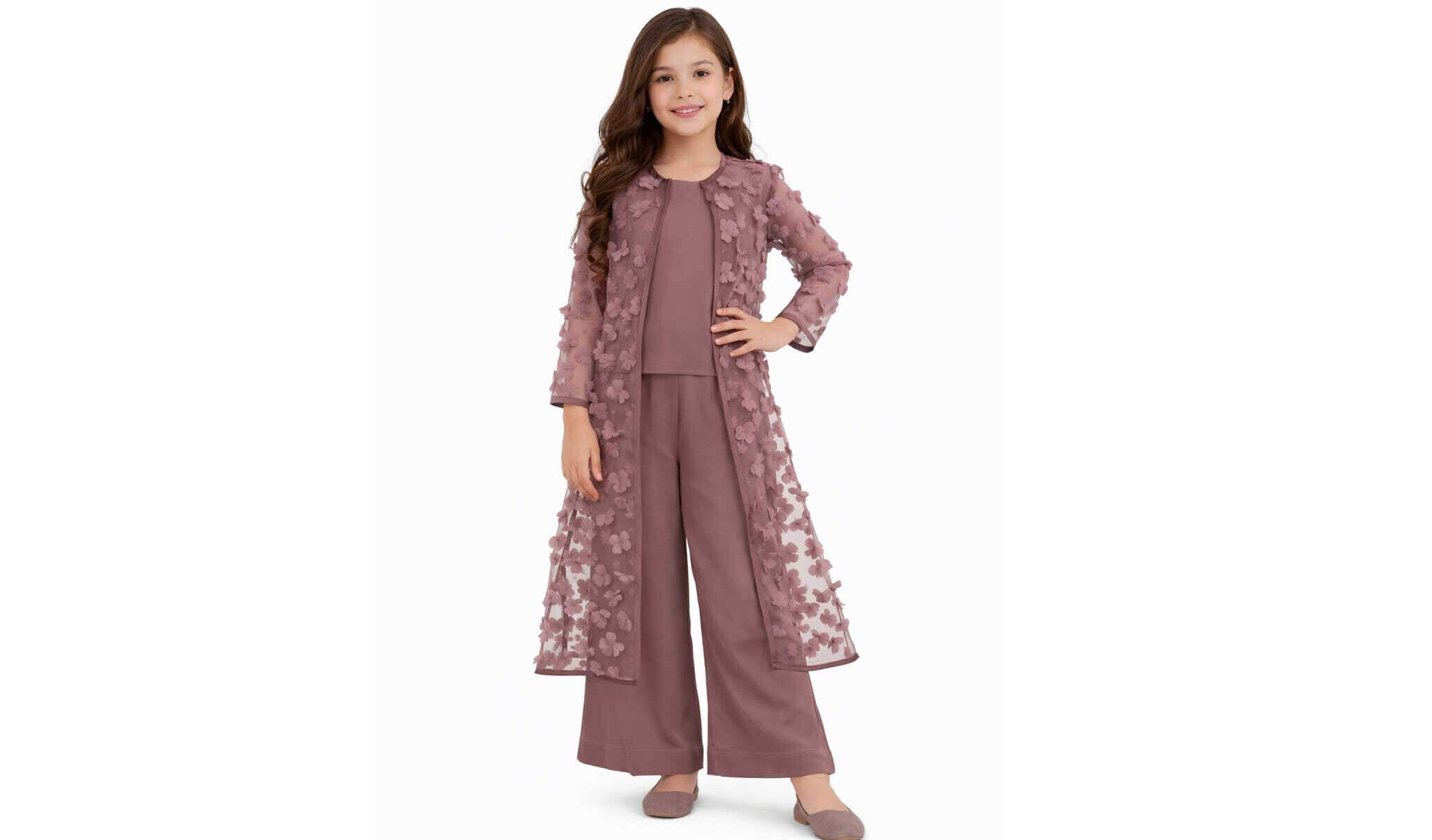 3d Flowers Net Top with Flared Pants & Shrug Set – Tea Pink (1)