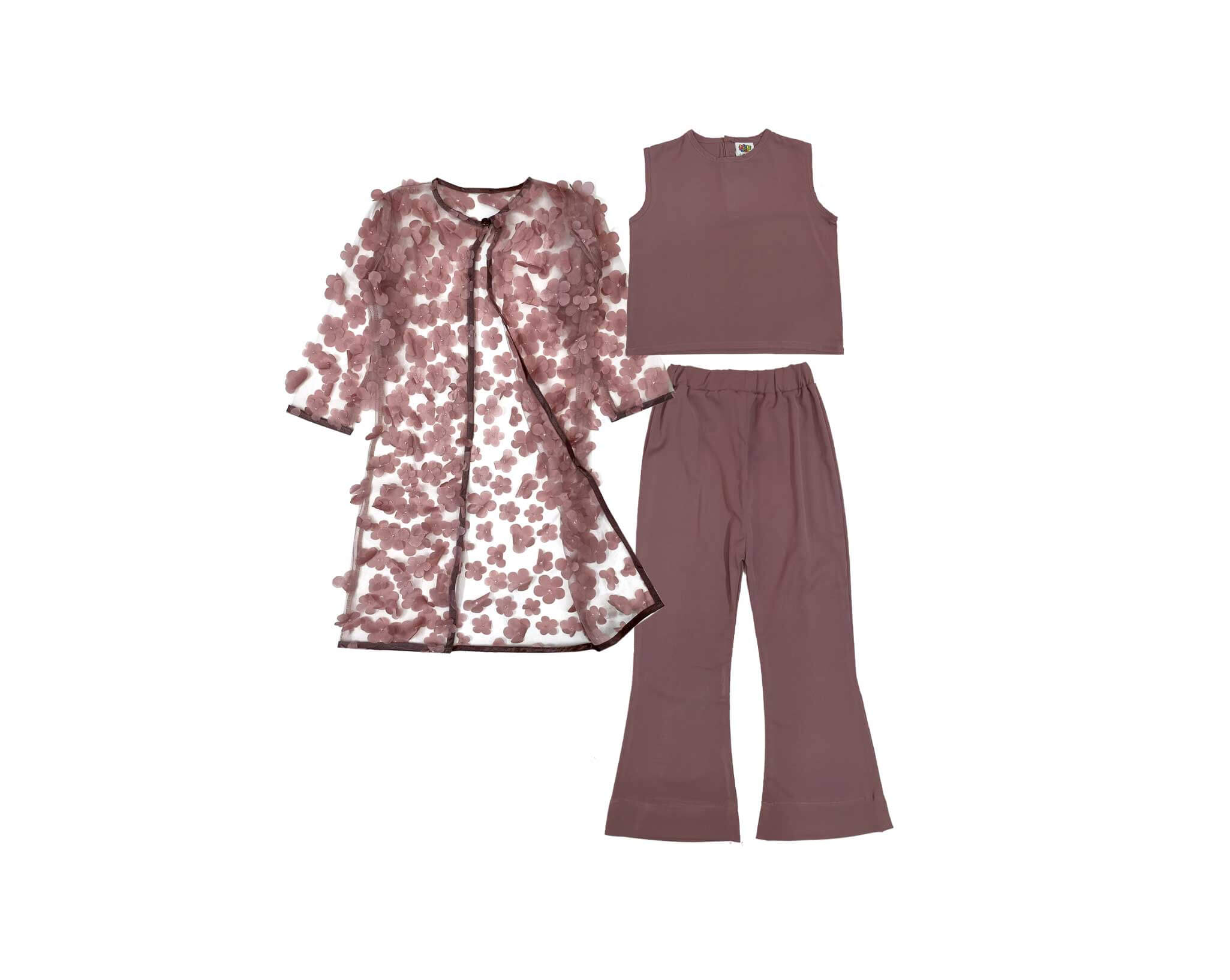 3d Flowers Net Top with Flared Pants & Shrug Set – Tea Pink (1)