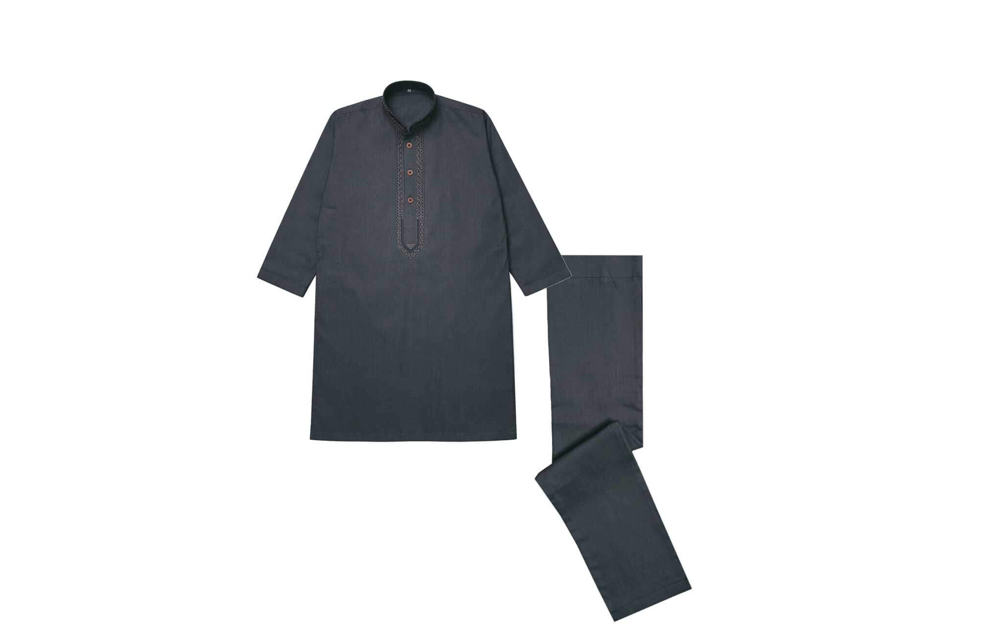 Elegant Embroidered Cotton Kurta & Trouser Set – Dark Gray
