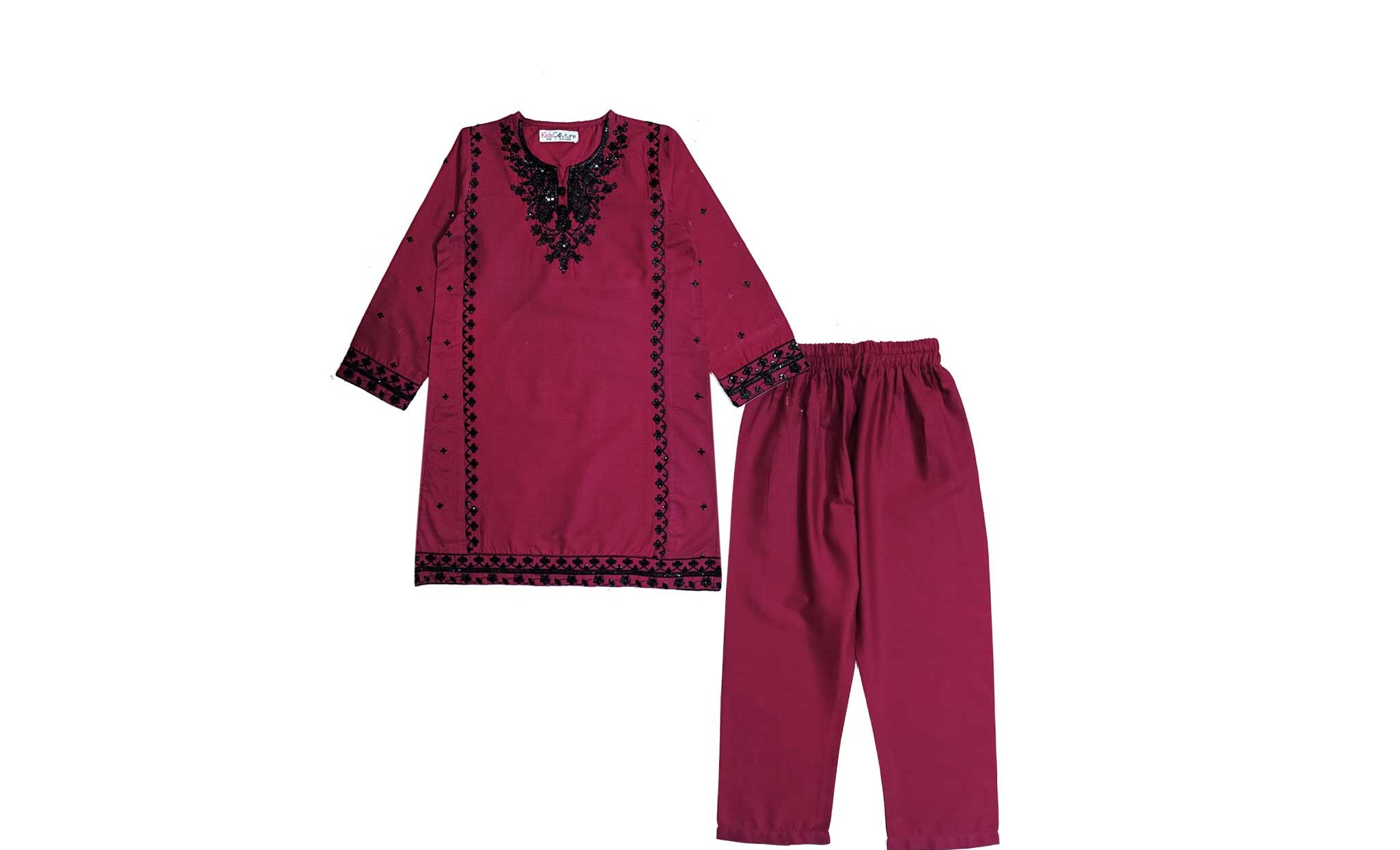 Graceful Festive Sequins & Embroidery Cotton Kurta & Trouser – Maroon