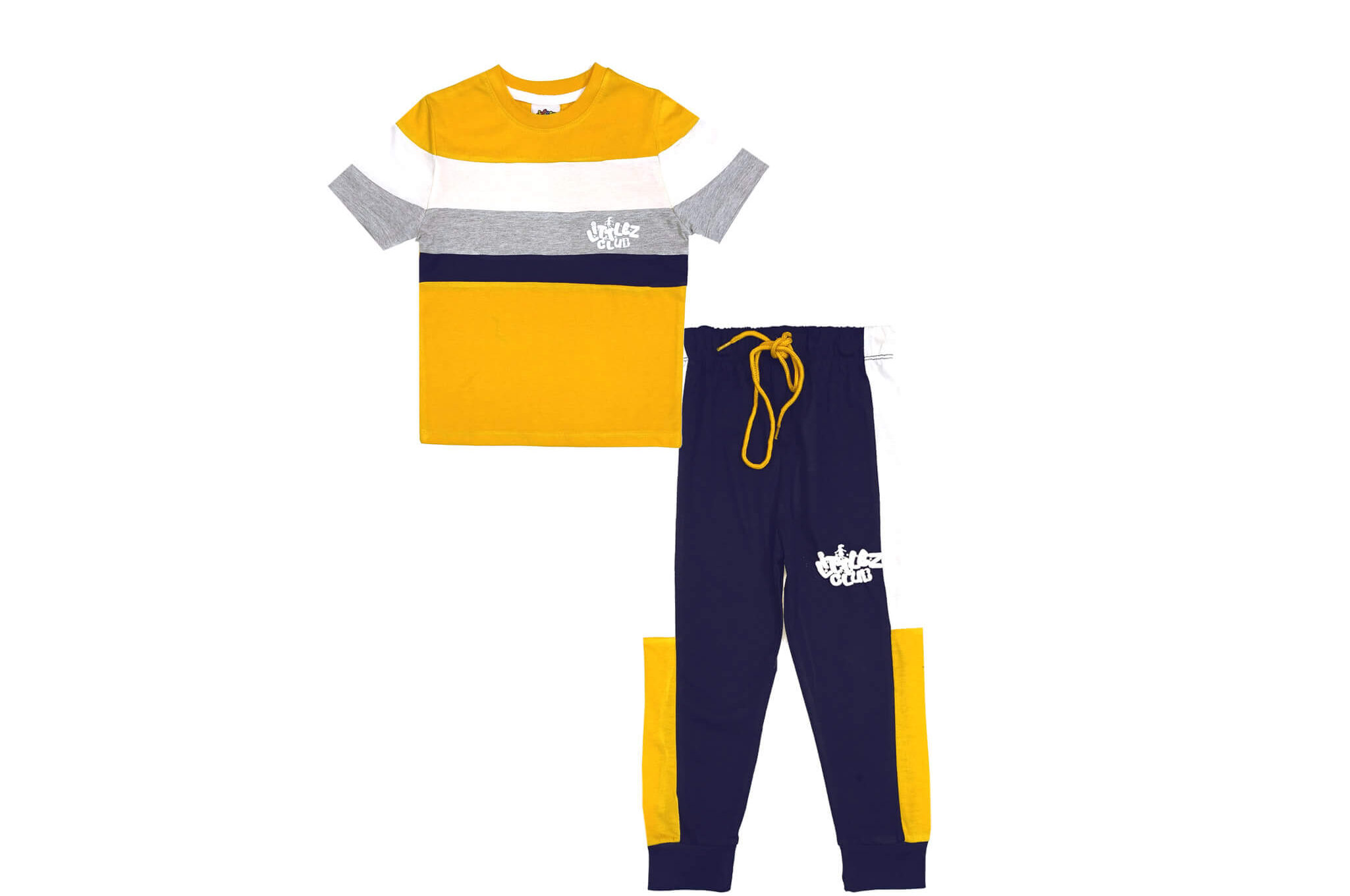 Littlez Club White Panel Tee Shirt & Trouser- Navy Blue & Yellow