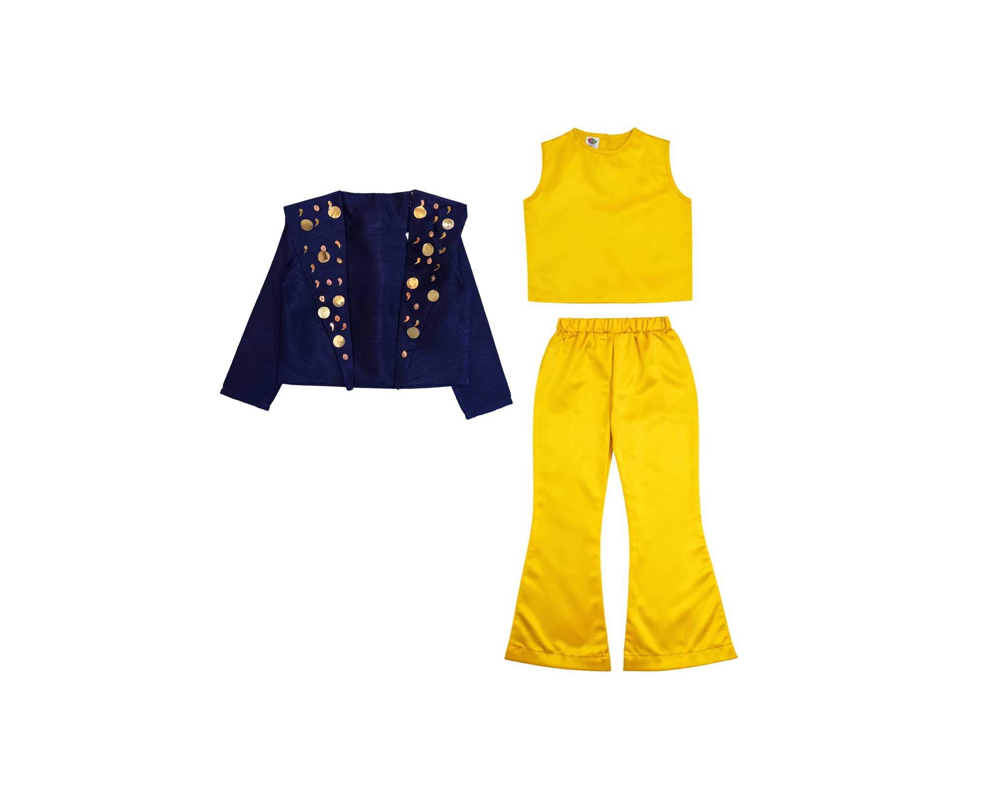 Modern Sequence Work Coat Inner & Flapper Trouser - Navy Blue & Yellow