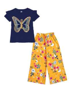 Multi Pearls & Sequin Butterfly Tee Shirt & Plazzo – Navy Blue & Mustered (2)