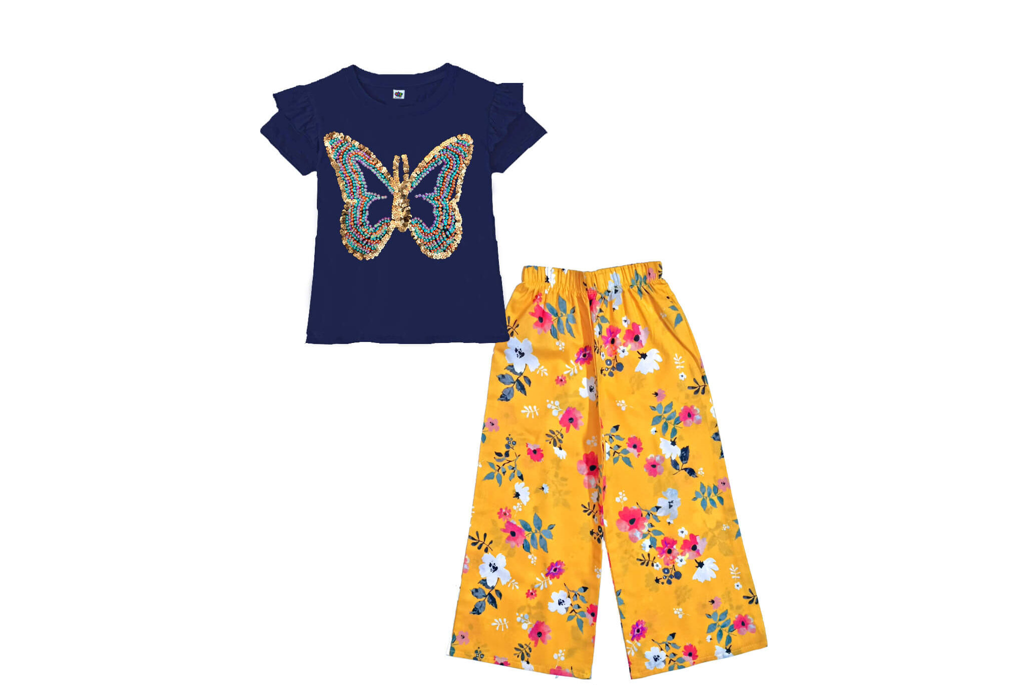 Multi Pearls & Sequin Butterfly Tee Shirt & Plazzo – Navy Blue & Mustered (2)