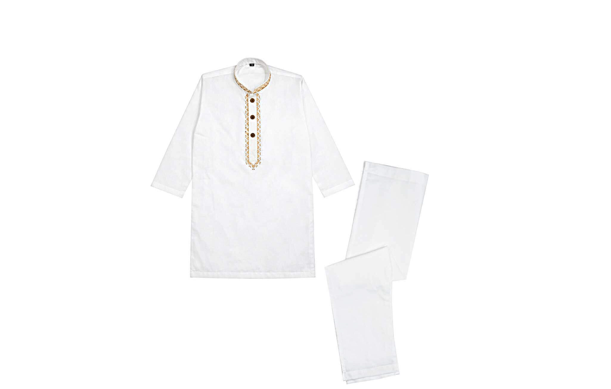 Stylish Mustered Embroidery Cotton Kurta & Trouser Set – White