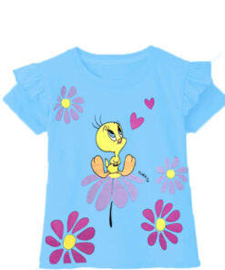 Tweety On Flowers Frill Hall Sleeve T Shirt - Sky Blue